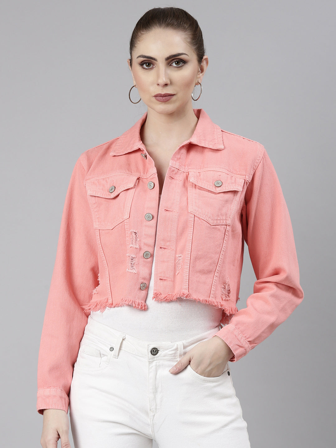 Coral Spread Collar Crop Denim Jacket