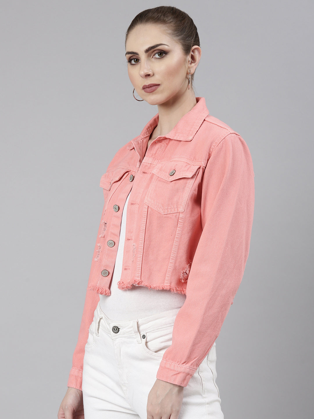 Coral Spread Collar Crop Denim Jacket