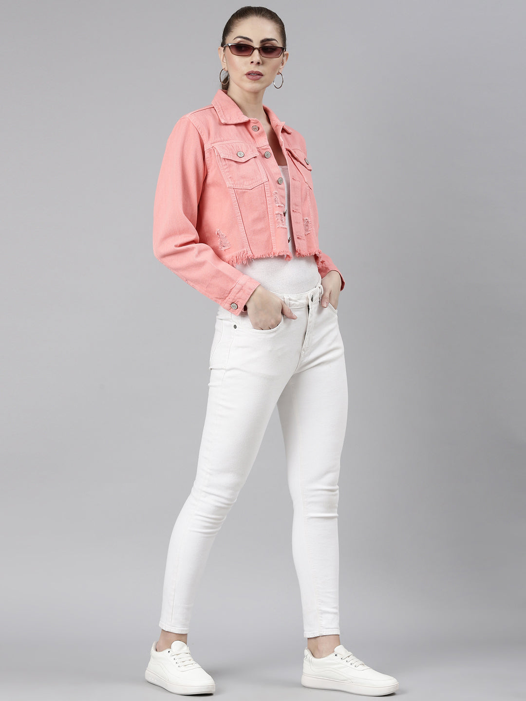 Coral Spread Collar Crop Denim Jacket