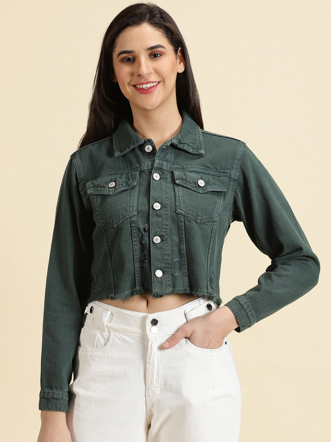 Green Spread Collar Distressed Crop Denim Jacket