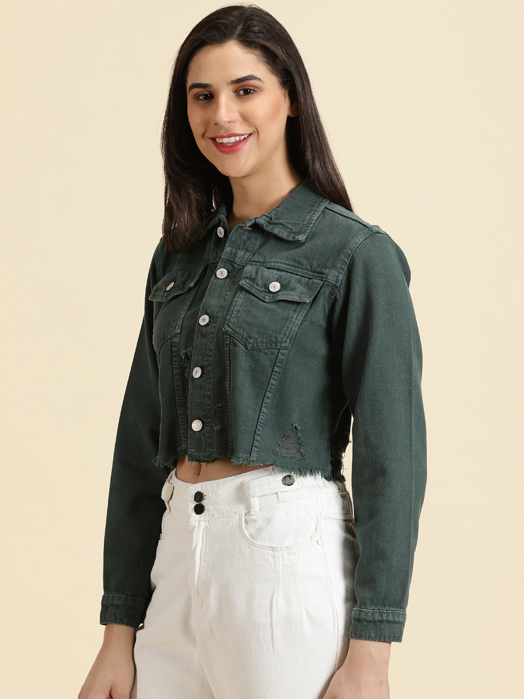 Green Spread Collar Distressed Crop Denim Jacket