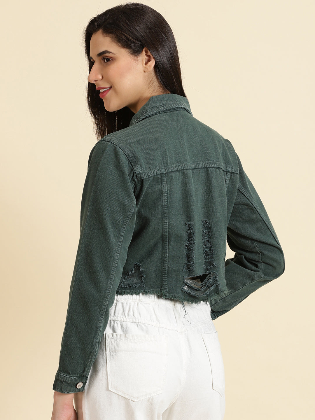 Green Spread Collar Distressed Crop Denim Jacket