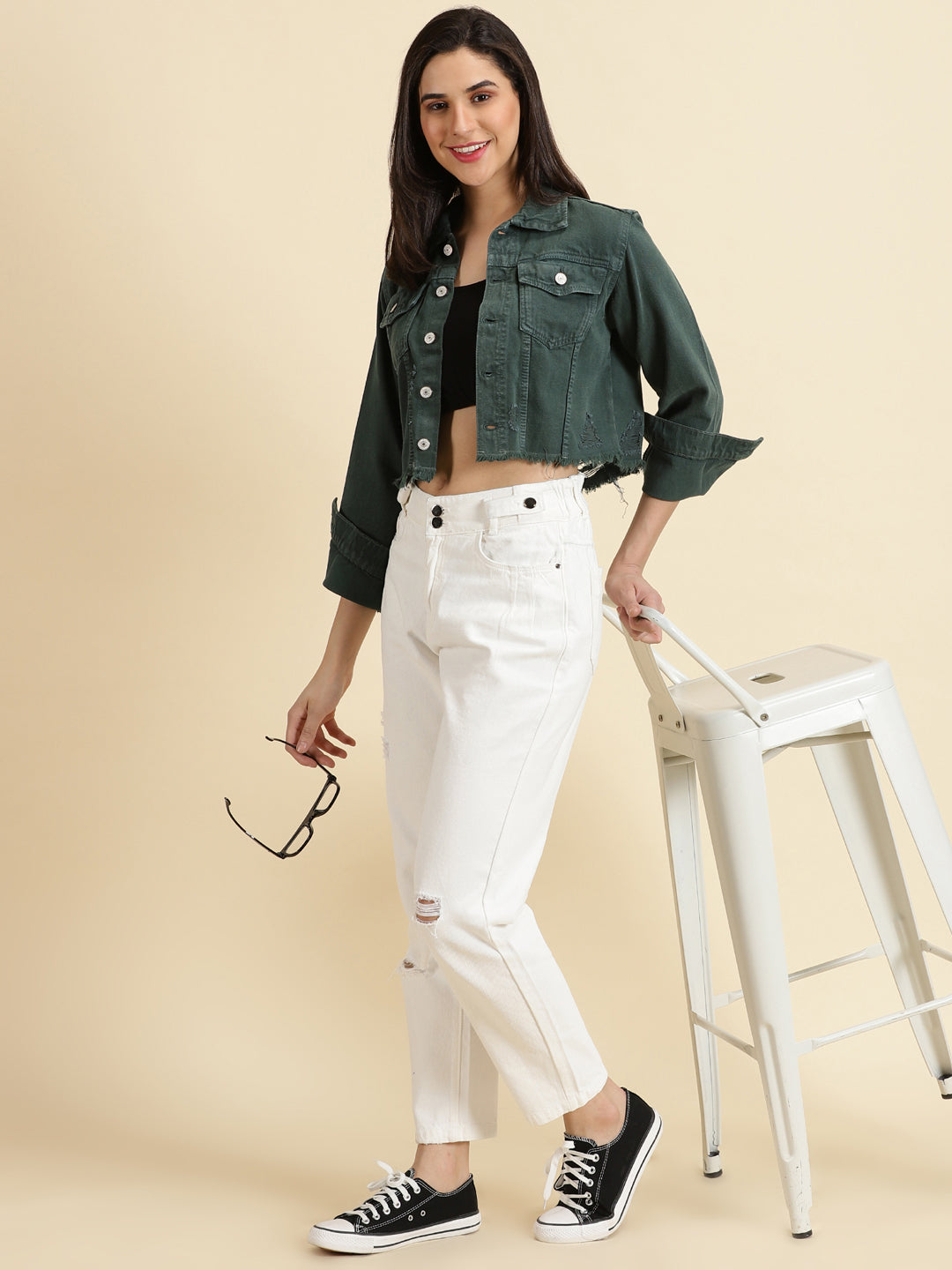 Green Spread Collar Distressed Crop Denim Jacket