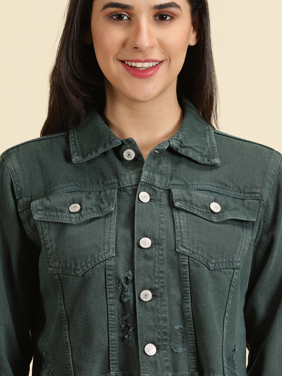Green Spread Collar Distressed Crop Denim Jacket