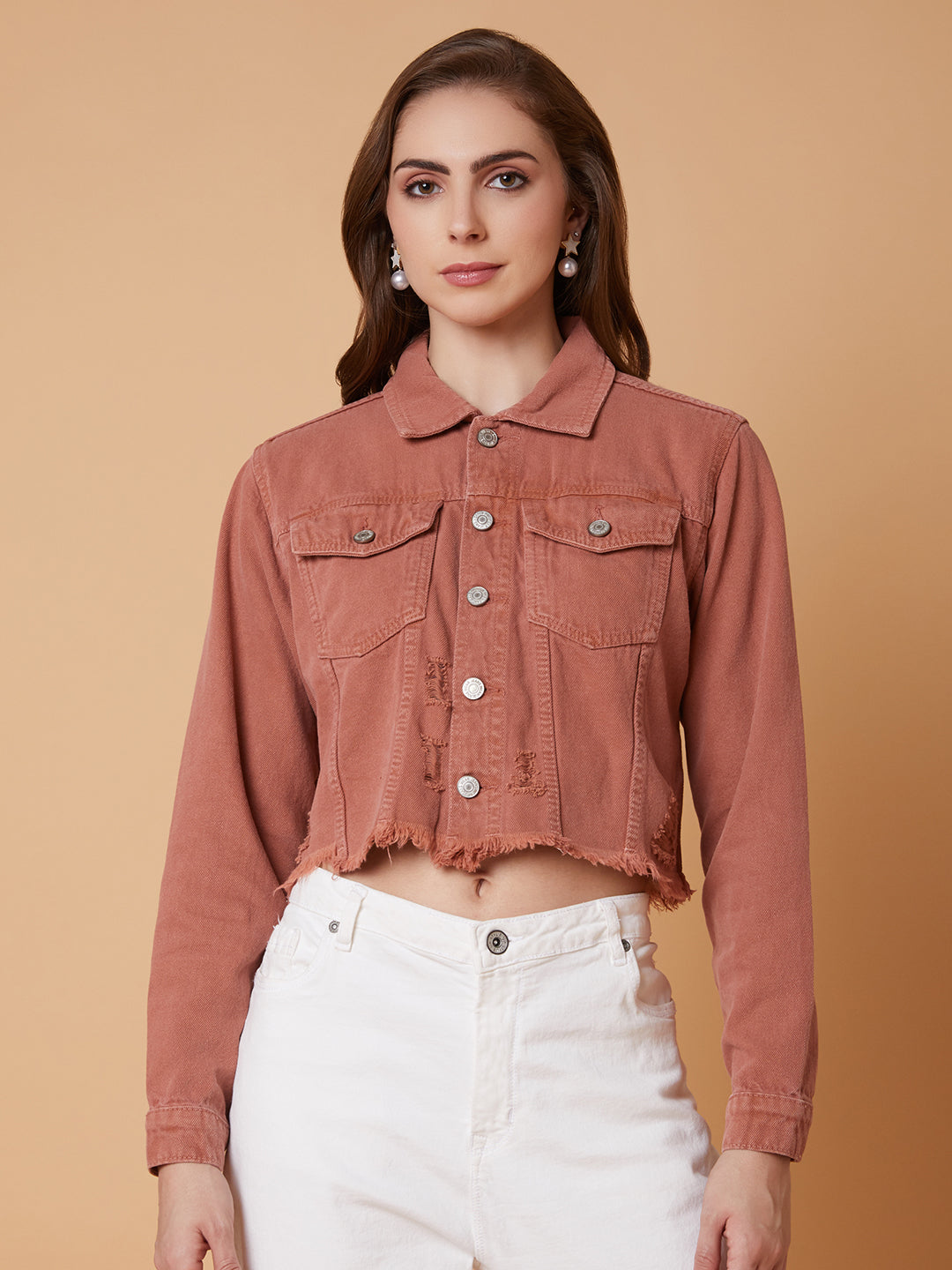 Peach Windcheater Crop Denim Jacket