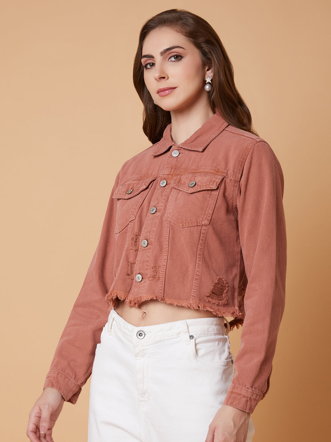 Peach Windcheater Crop Denim Jacket