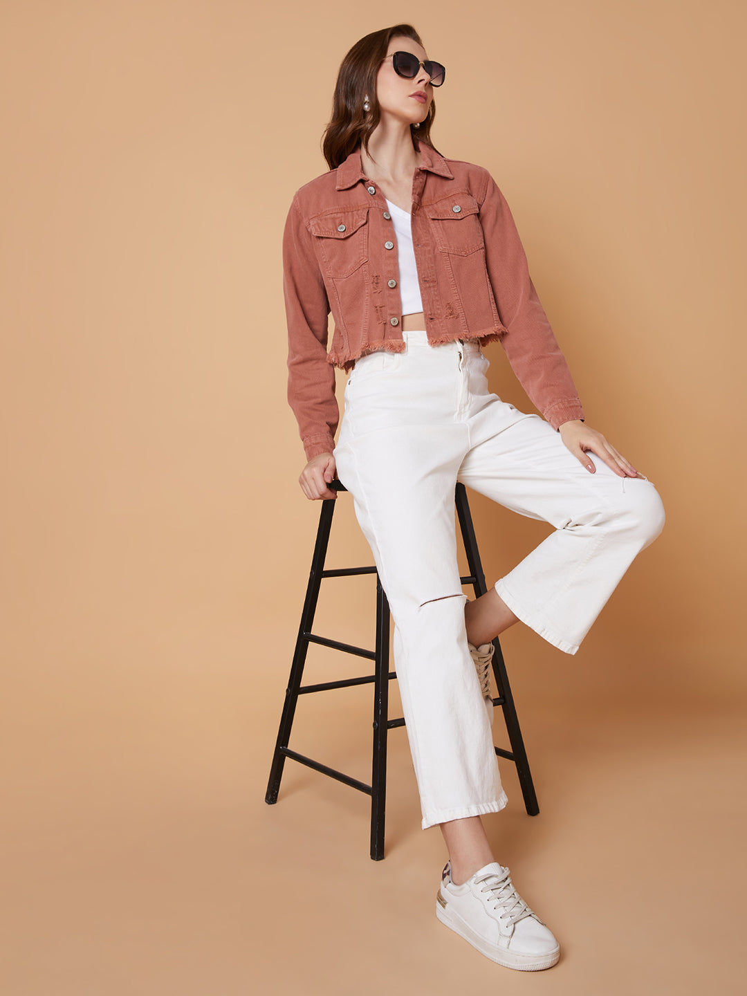 Peach Windcheater Crop Denim Jacket