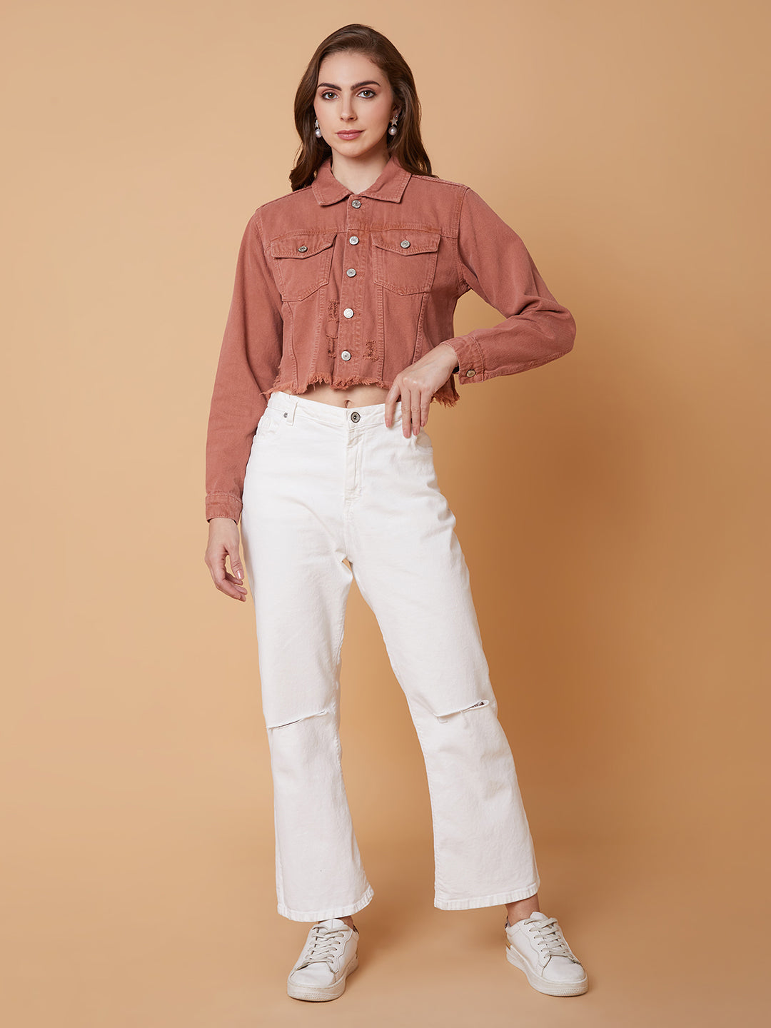 Peach Windcheater Crop Denim Jacket