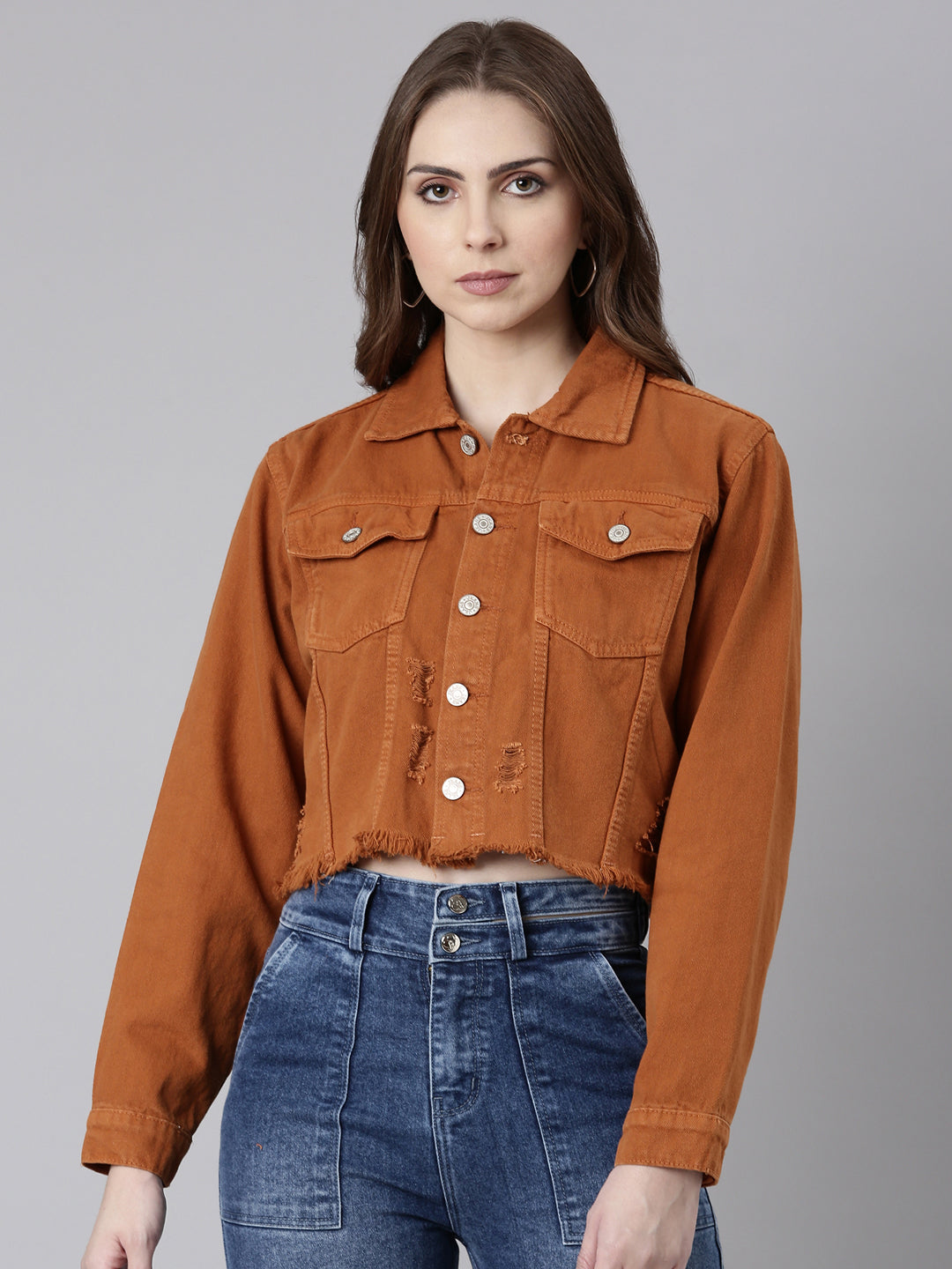 Rust Spread Collar Crop Denim Jacket