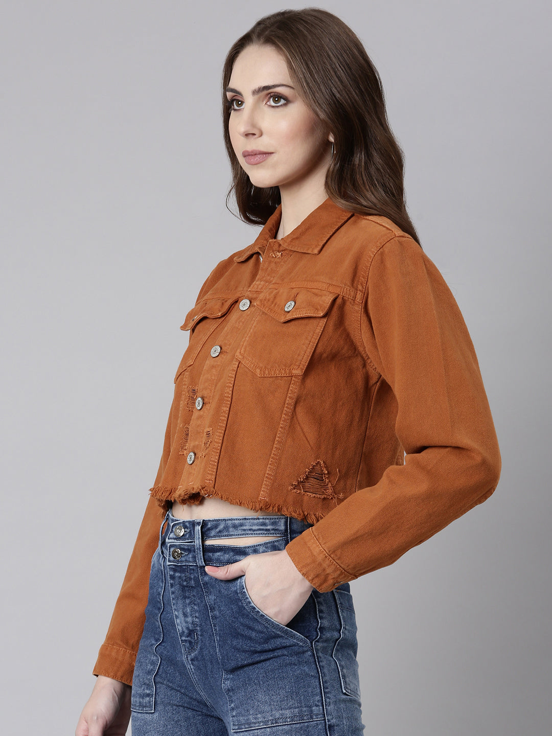 Rust Spread Collar Crop Denim Jacket