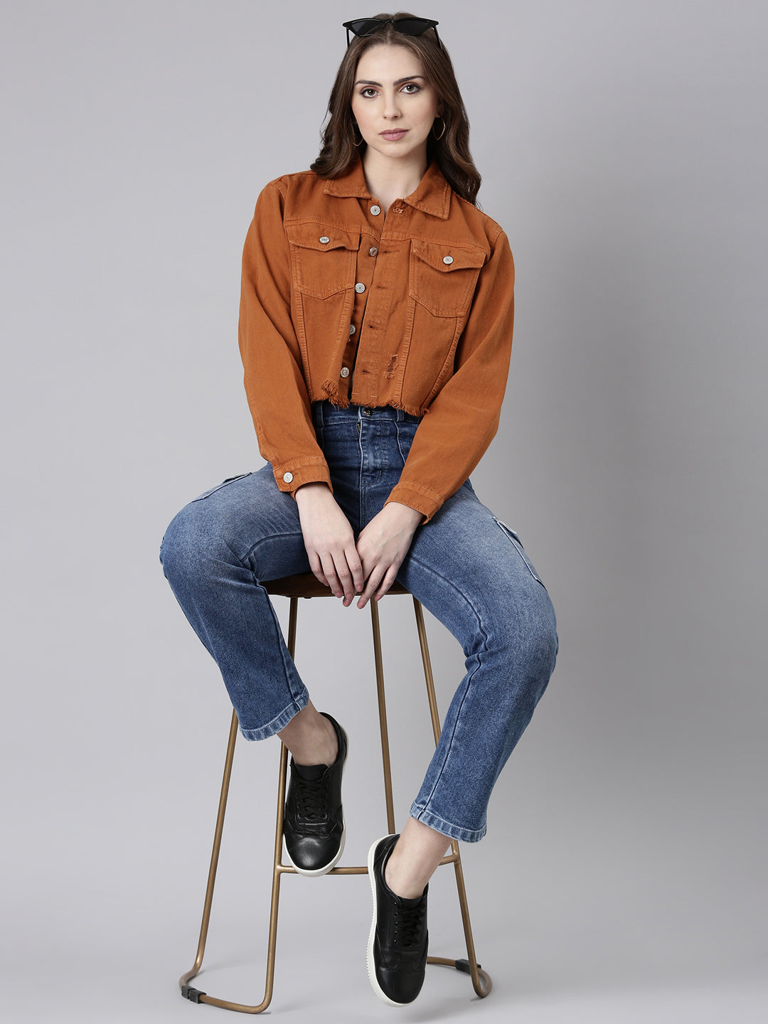 Rust Spread Collar Crop Denim Jacket