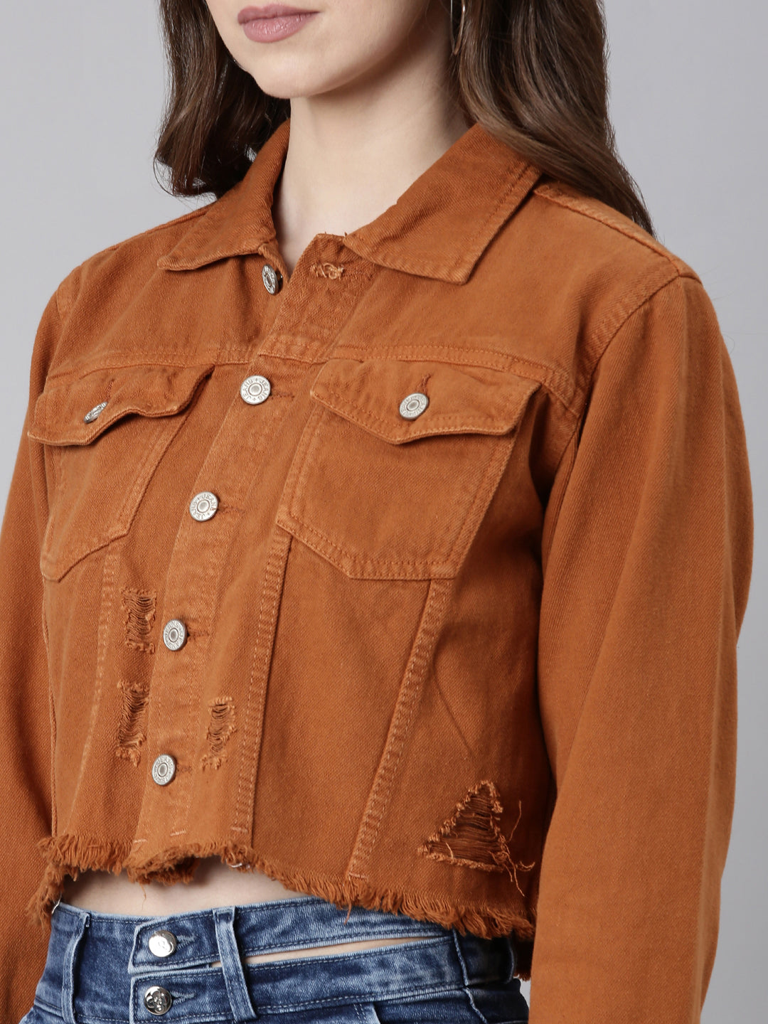 Rust Spread Collar Crop Denim Jacket