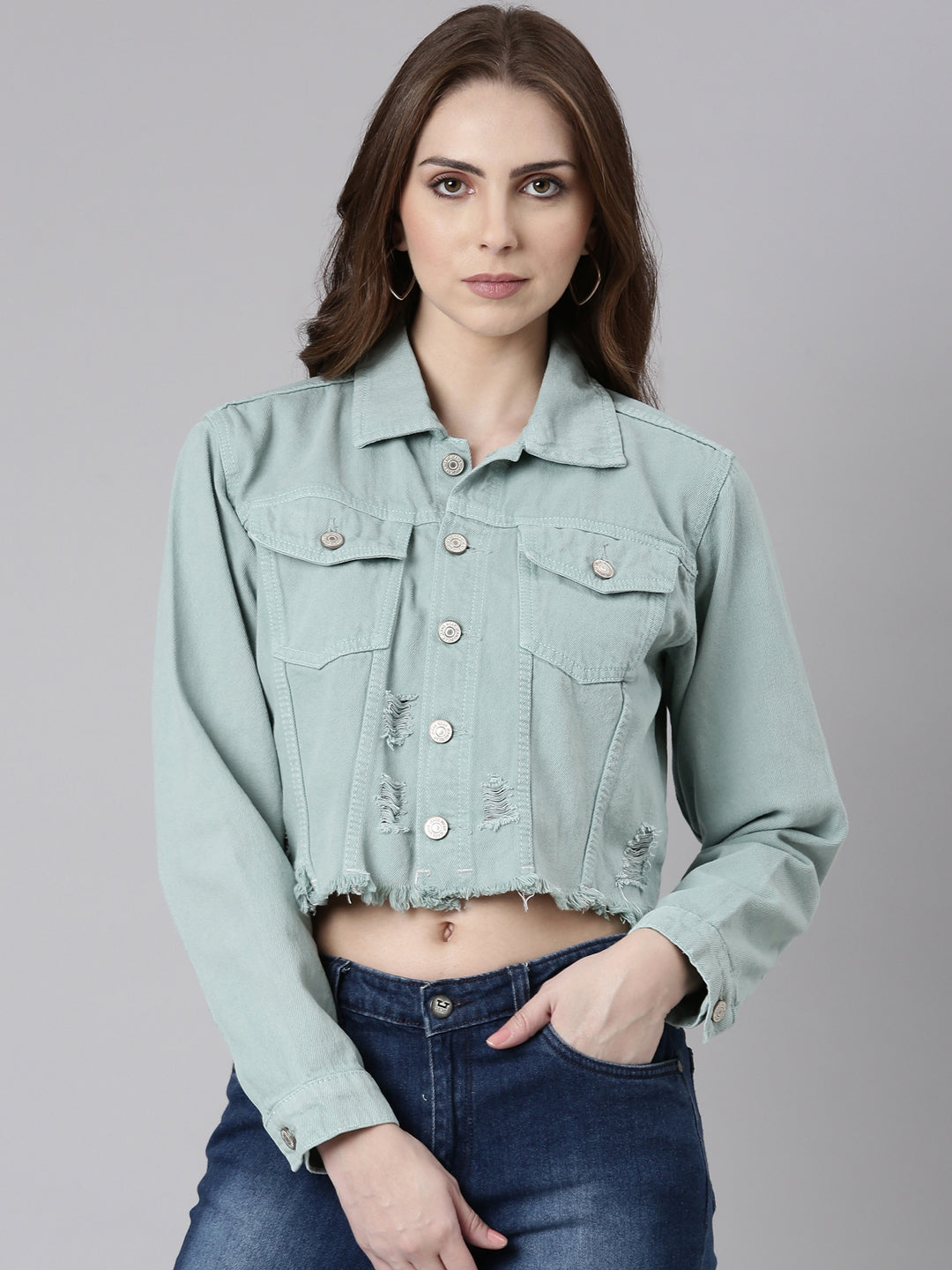 Sea Green Spread Collar Crop Denim Jacket