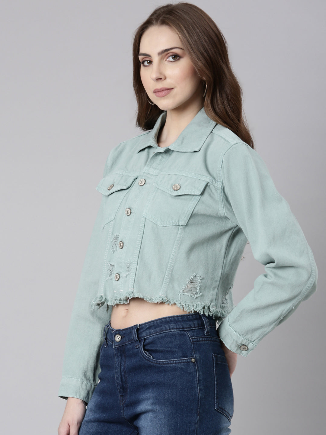 Sea Green Spread Collar Crop Denim Jacket