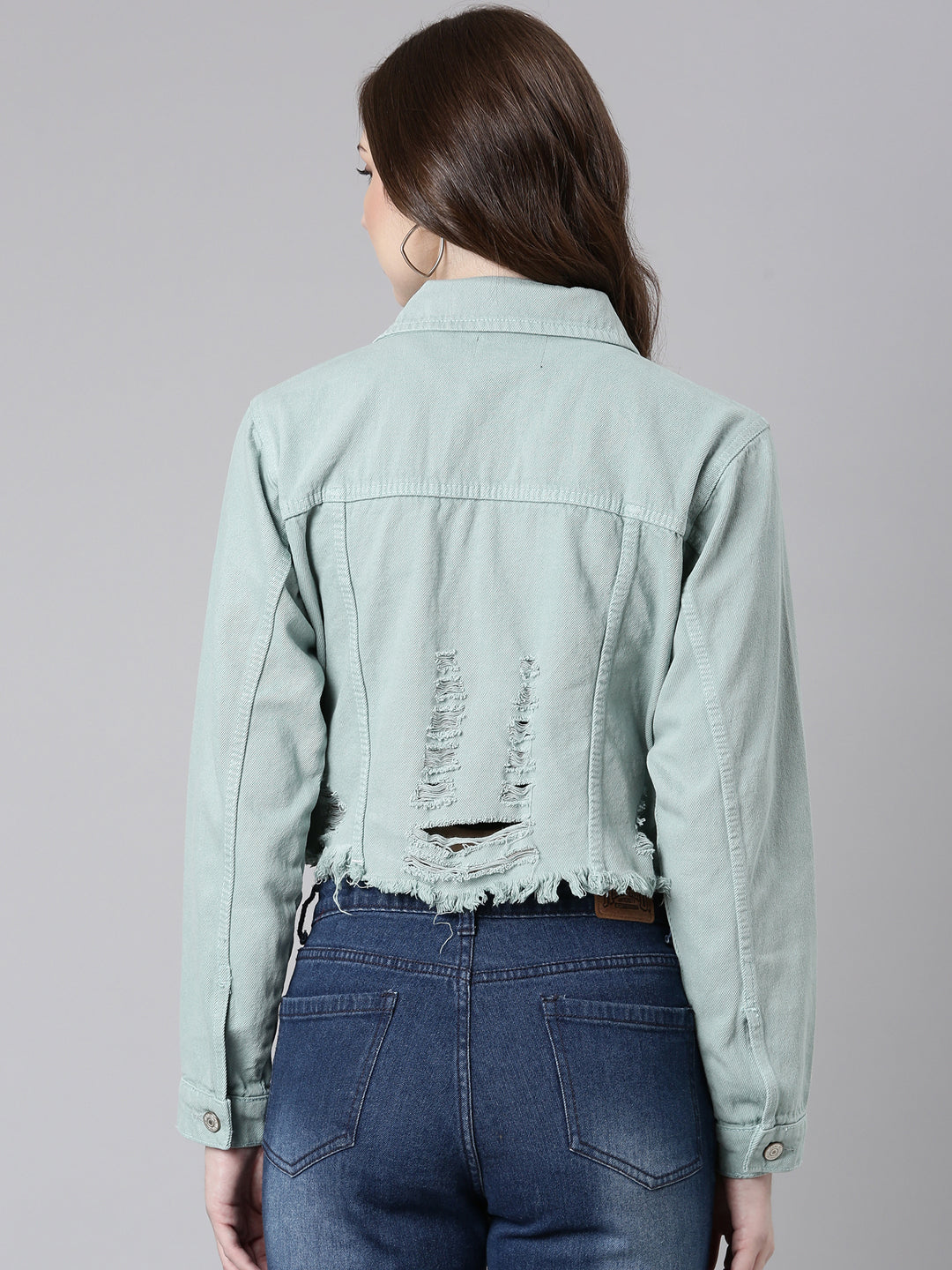 Sea Green Spread Collar Crop Denim Jacket