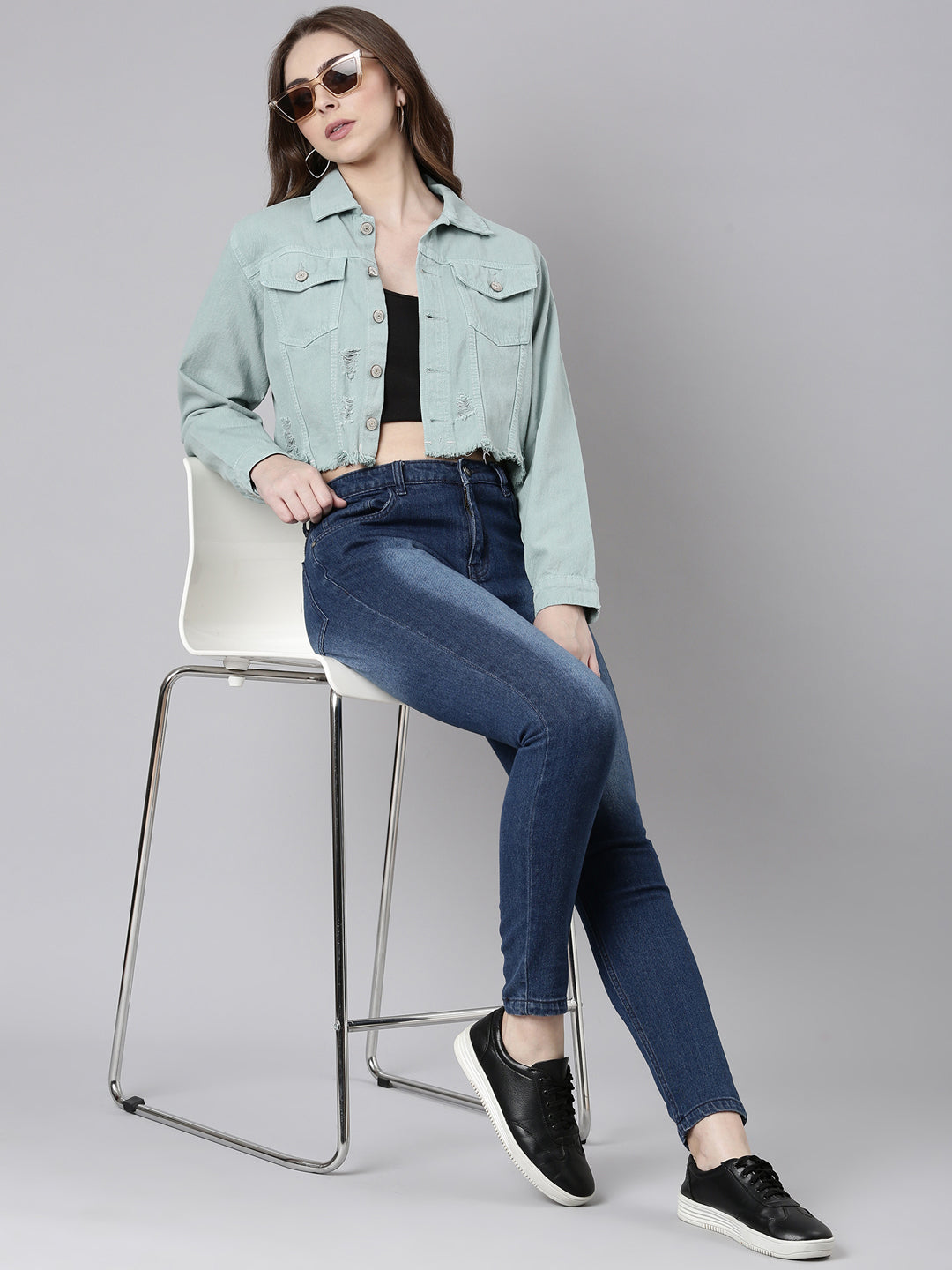 Sea Green Spread Collar Crop Denim Jacket