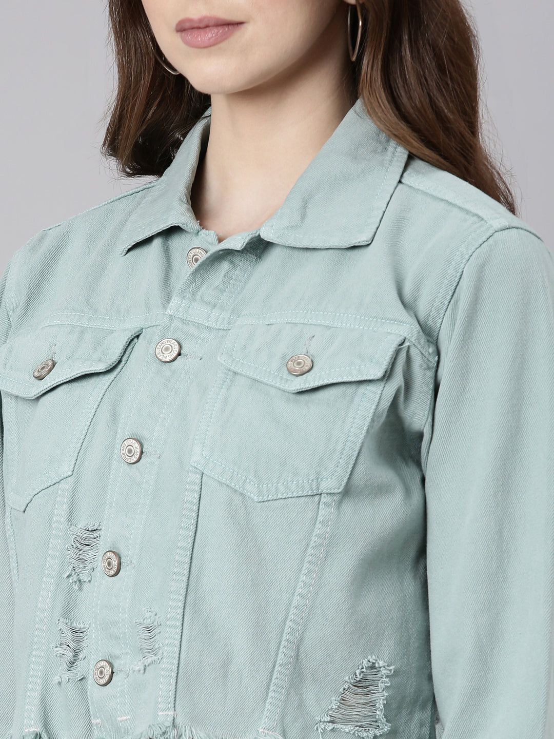 Sea Green Spread Collar Crop Denim Jacket
