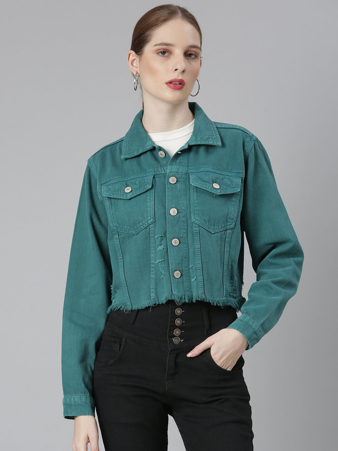 Teal Spread Collar Distressed Crop Denim Jacket