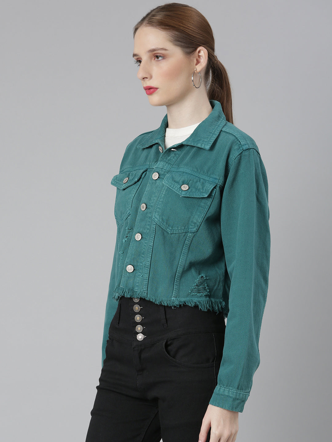 Teal Spread Collar Distressed Crop Denim Jacket