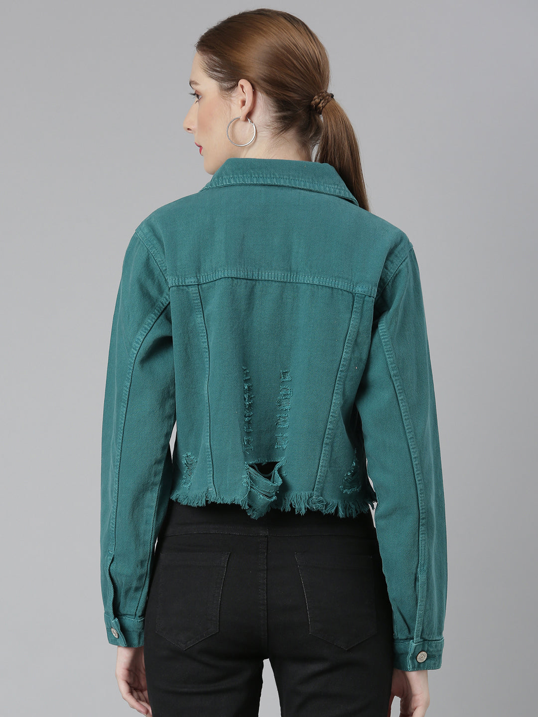 Teal Spread Collar Distressed Crop Denim Jacket