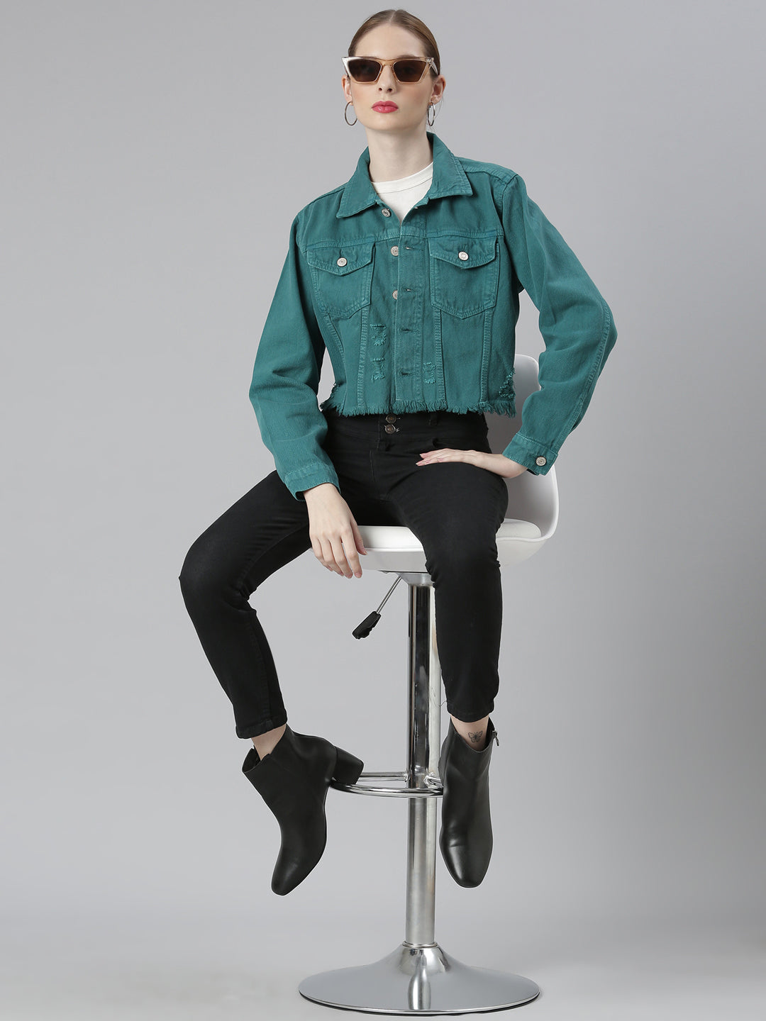 Teal Spread Collar Distressed Crop Denim Jacket