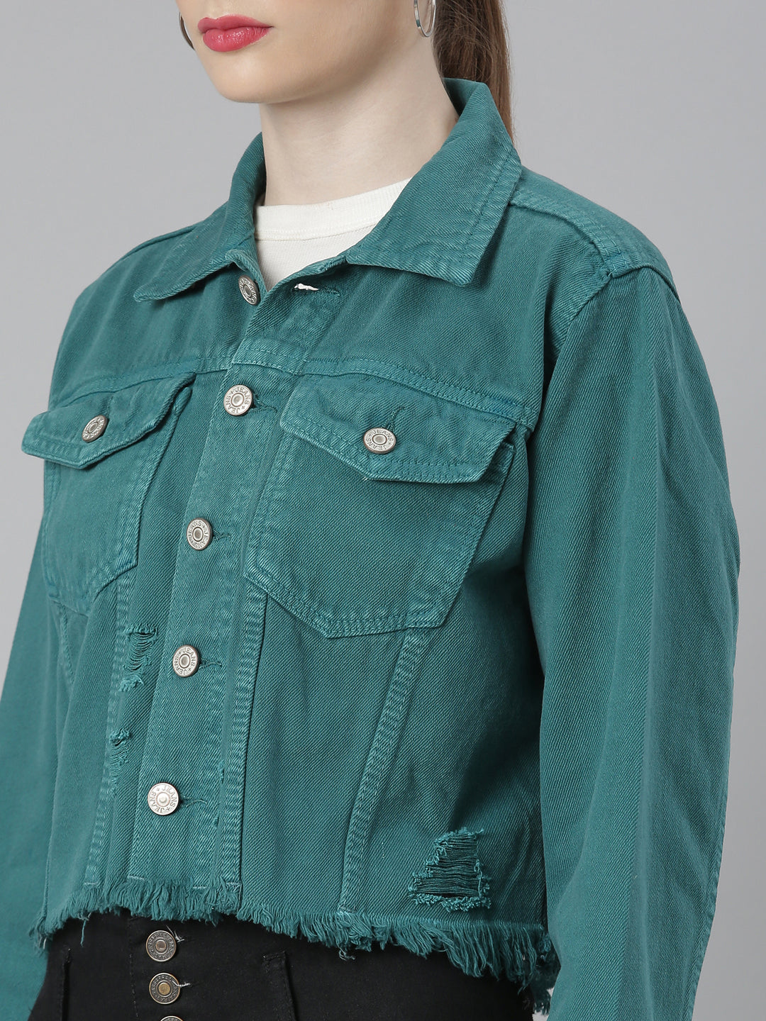 Teal Spread Collar Distressed Crop Denim Jacket