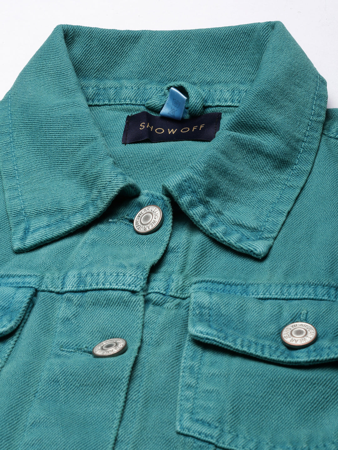 Teal Spread Collar Distressed Crop Denim Jacket