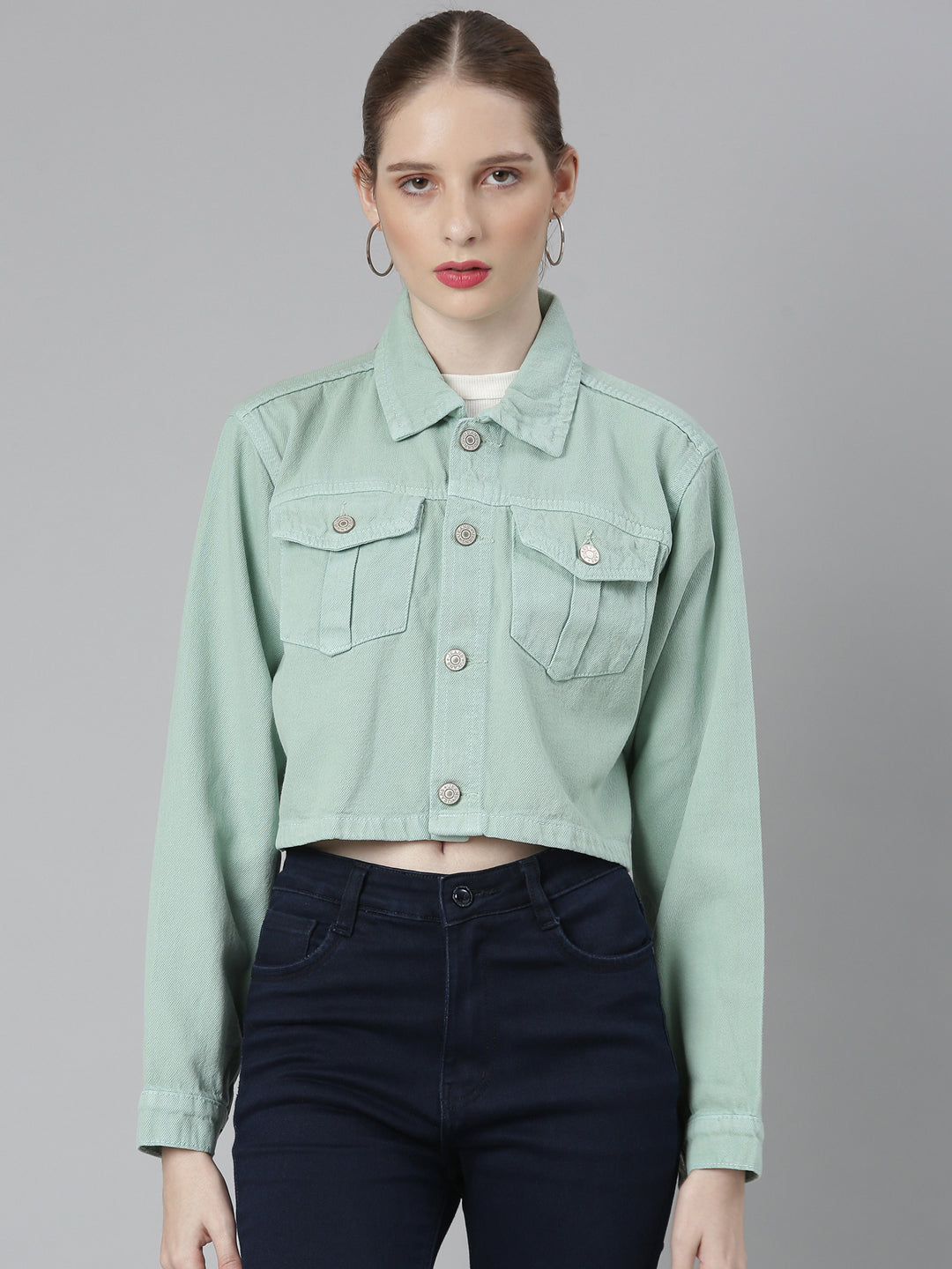 Sea Green Spread Collar Crop Denim Jacket