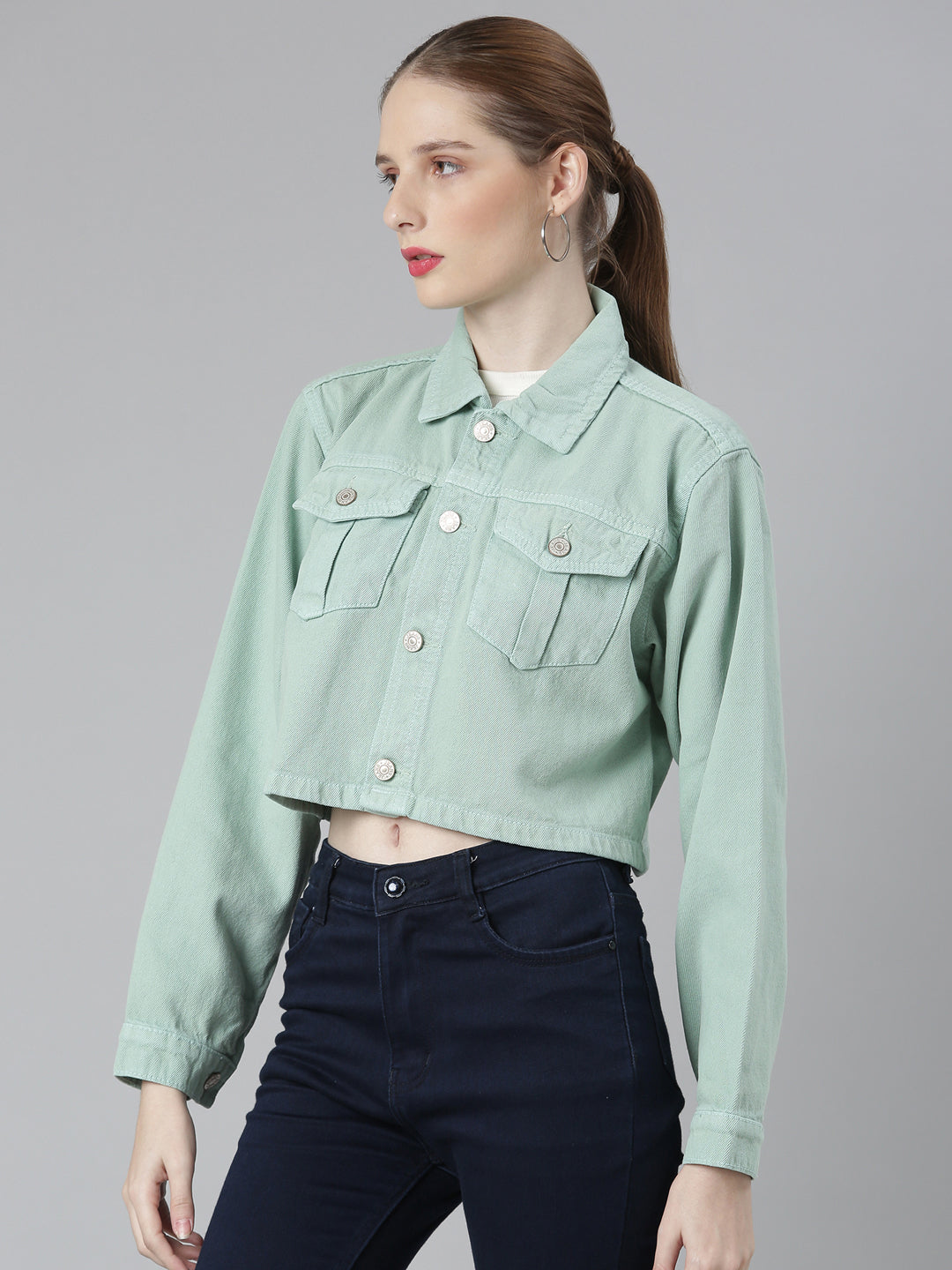 Sea Green Spread Collar Crop Denim Jacket