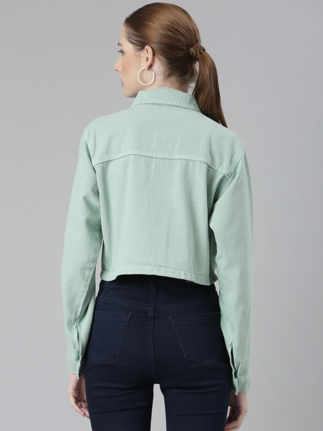 Sea Green Spread Collar Crop Denim Jacket