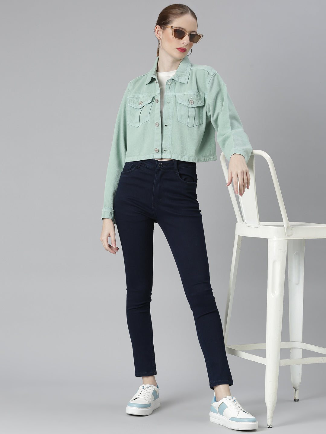 Sea Green Spread Collar Crop Denim Jacket