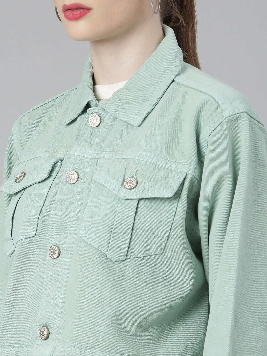 Sea Green Spread Collar Crop Denim Jacket