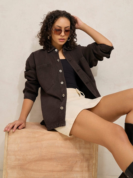 Brown Denim Oversized Shacket
