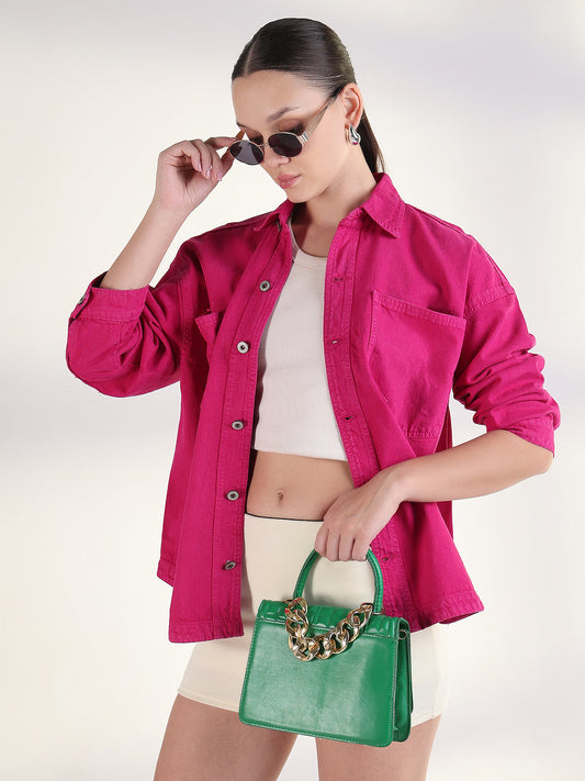 Solid Pink Spread Collar Shacket