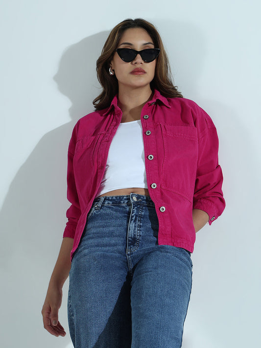 Solid Pink Spread Collar Shacket