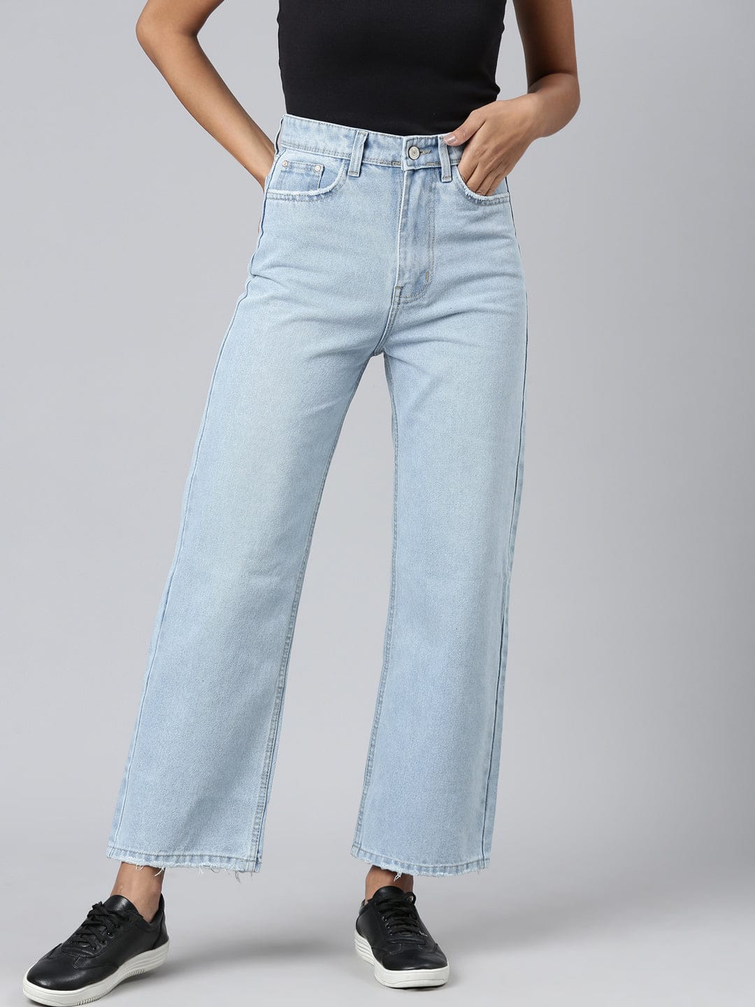 Blue Mid Rise Wide Leg Clean Look Retro Denims Stretchable Jeans