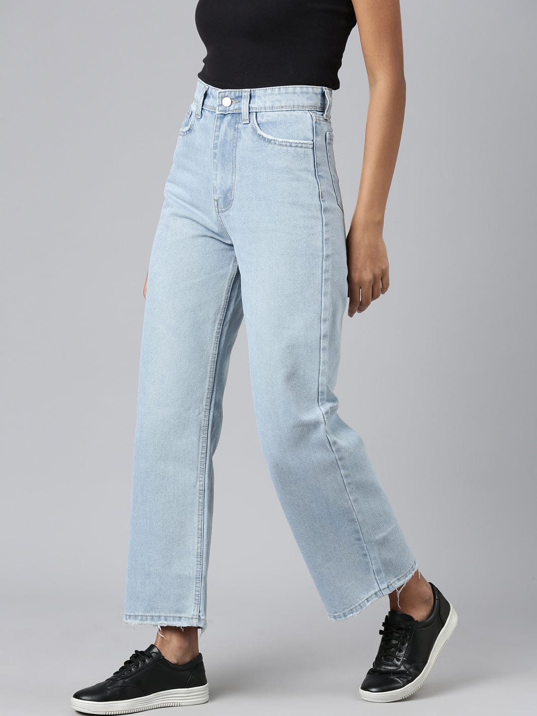 Blue Mid Rise Wide Leg Clean Look Retro Denims Stretchable Jeans