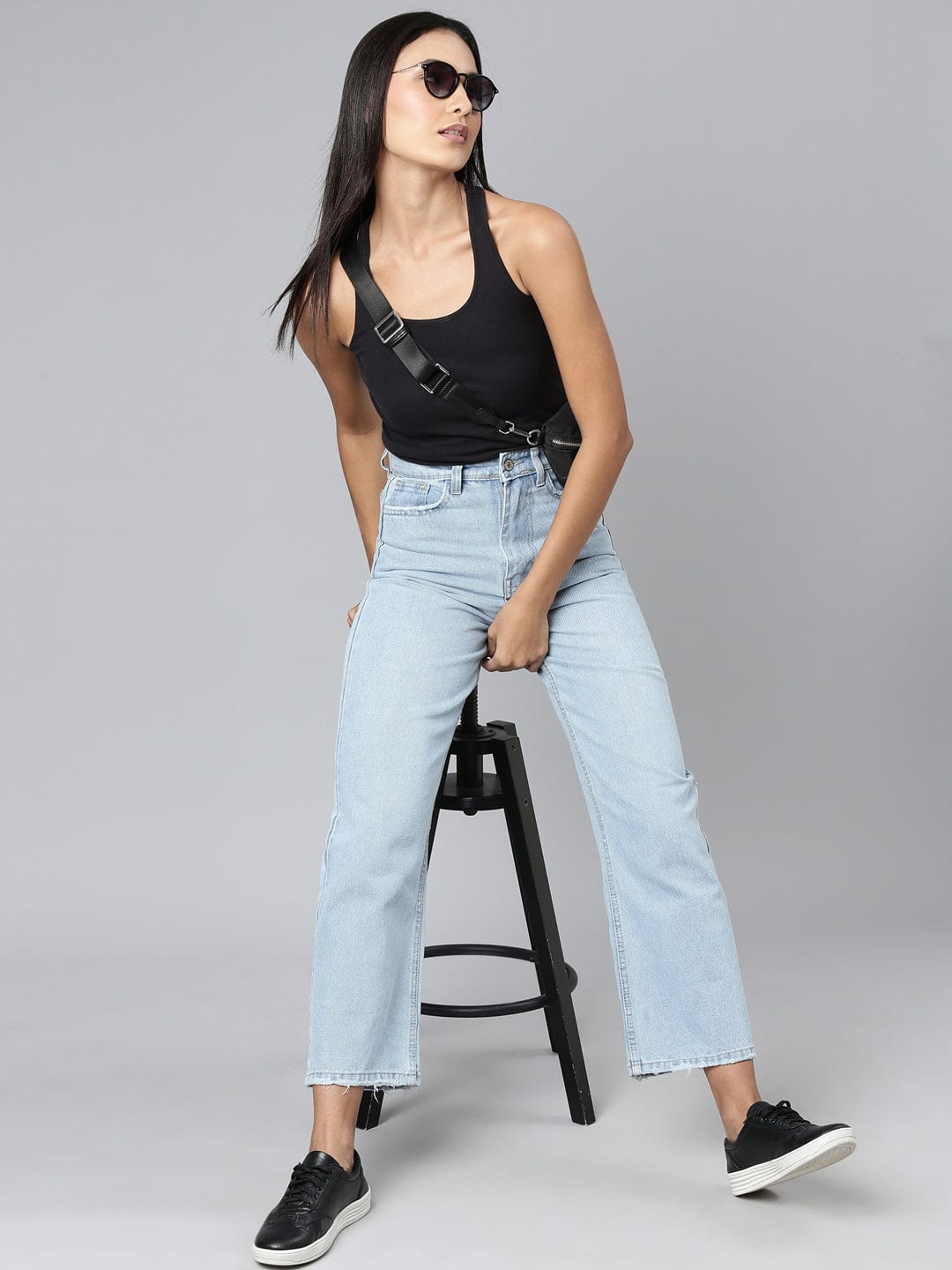 Blue Mid Rise Wide Leg Clean Look Retro Denims Stretchable Jeans