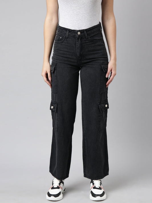 Charcoal Straight Fit Denim Cargo Jeans