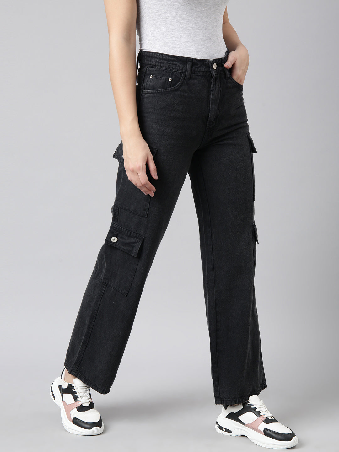 Charcoal Straight Fit Denim Cargo Jeans