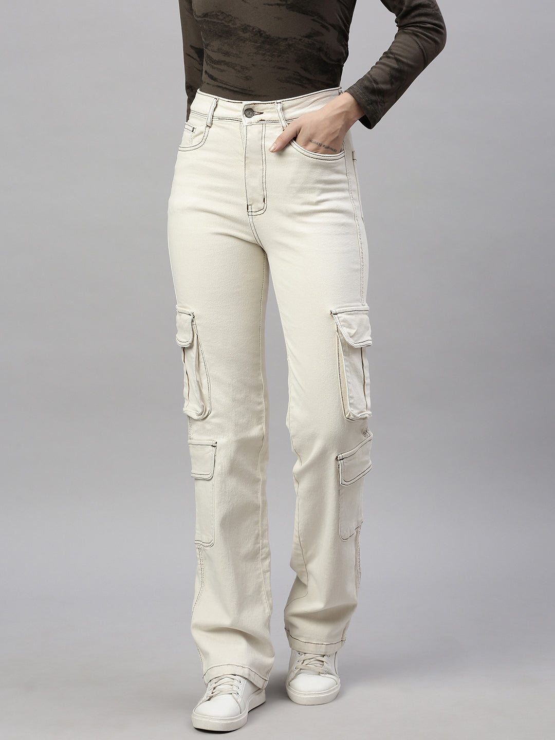 Cream Comfort Straight Fit High-Rise Stretchable Cargo Style Jeans