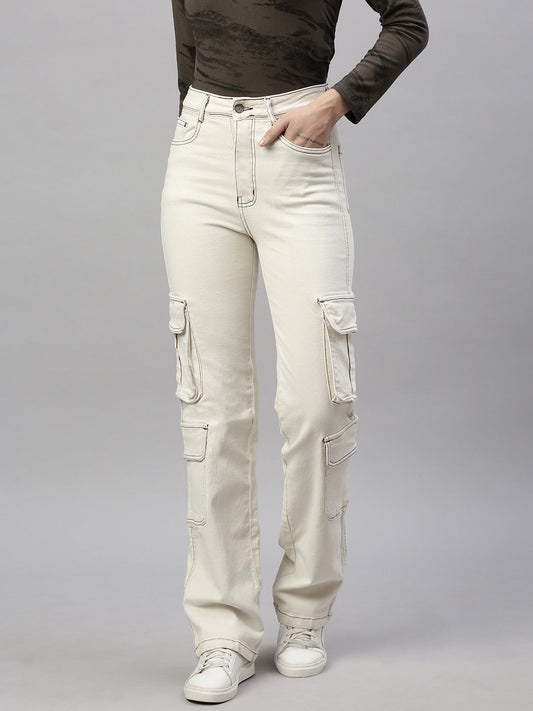 Cream Comfort Straight Fit High-Rise Stretchable Cargo Style Jeans