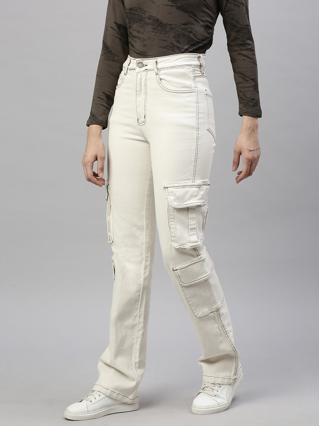 Cream Comfort Straight Fit High-Rise Stretchable Cargo Style Jeans