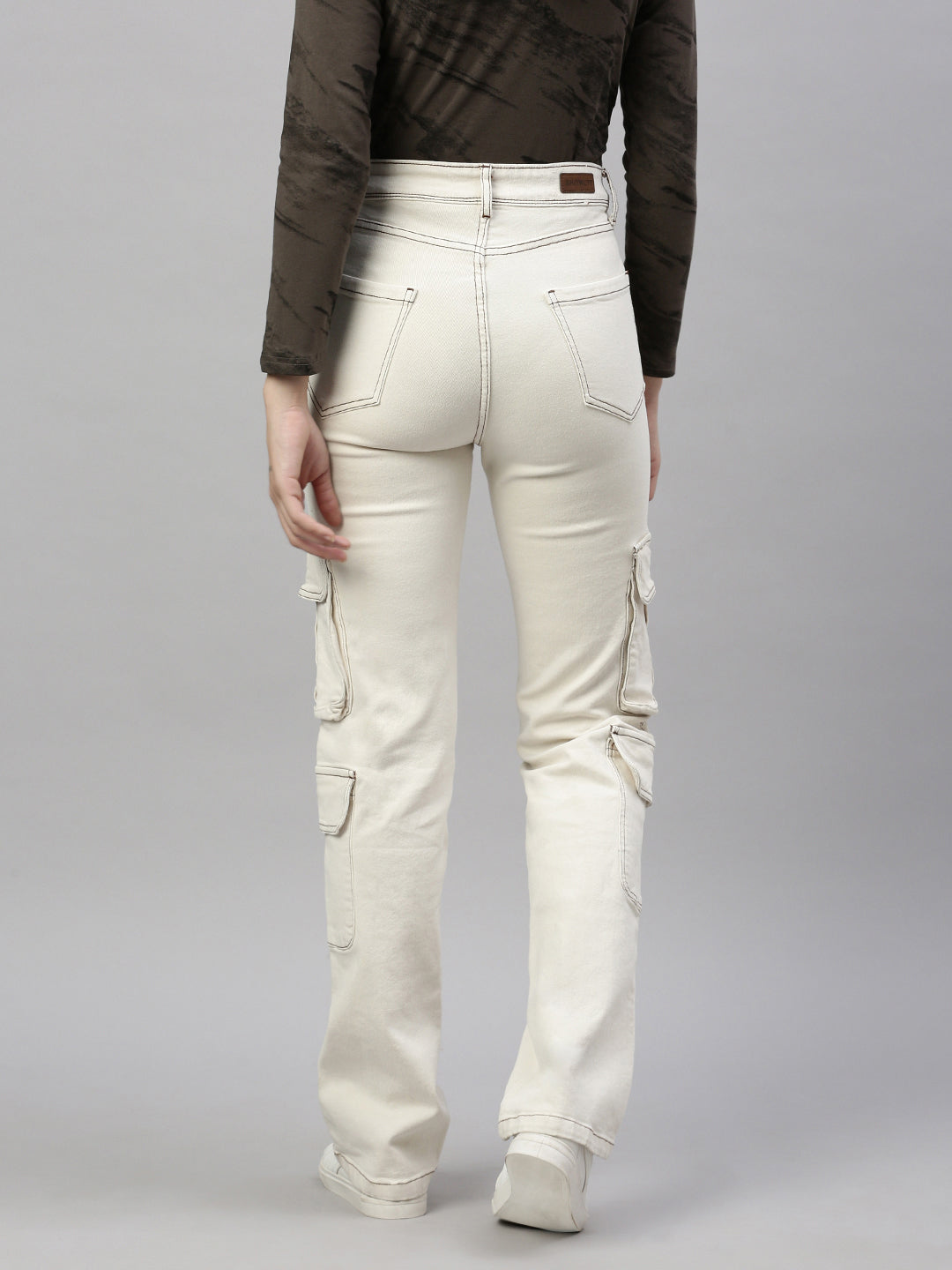 Cream Comfort Straight Fit High-Rise Stretchable Cargo Style Jeans
