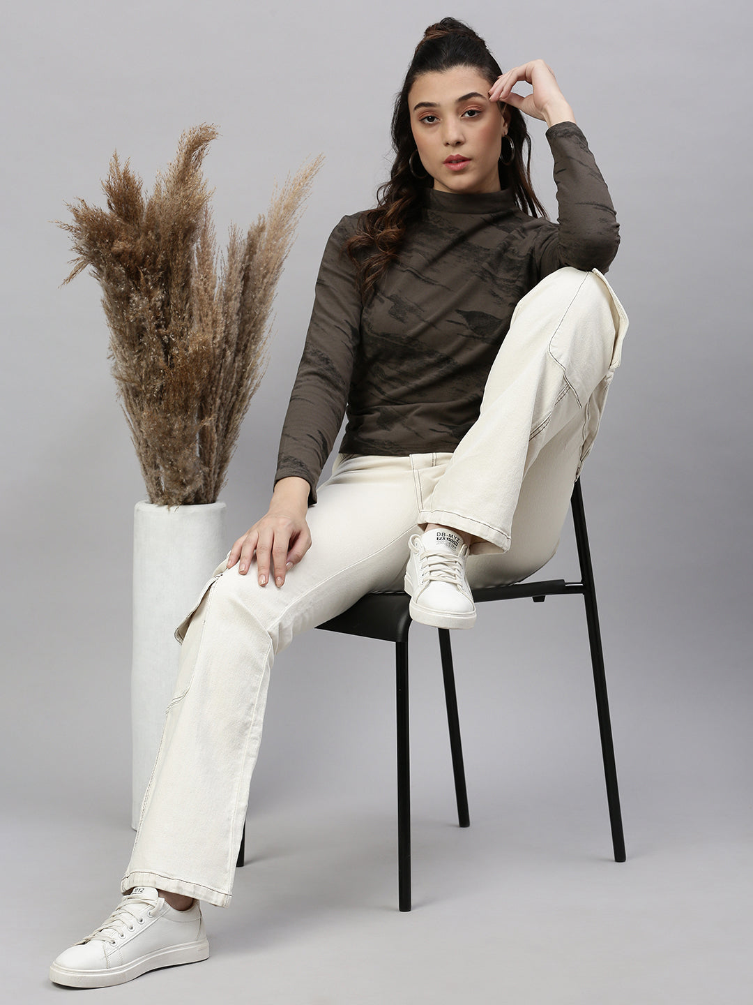 Cream Comfort Straight Fit High-Rise Stretchable Cargo Style Jeans