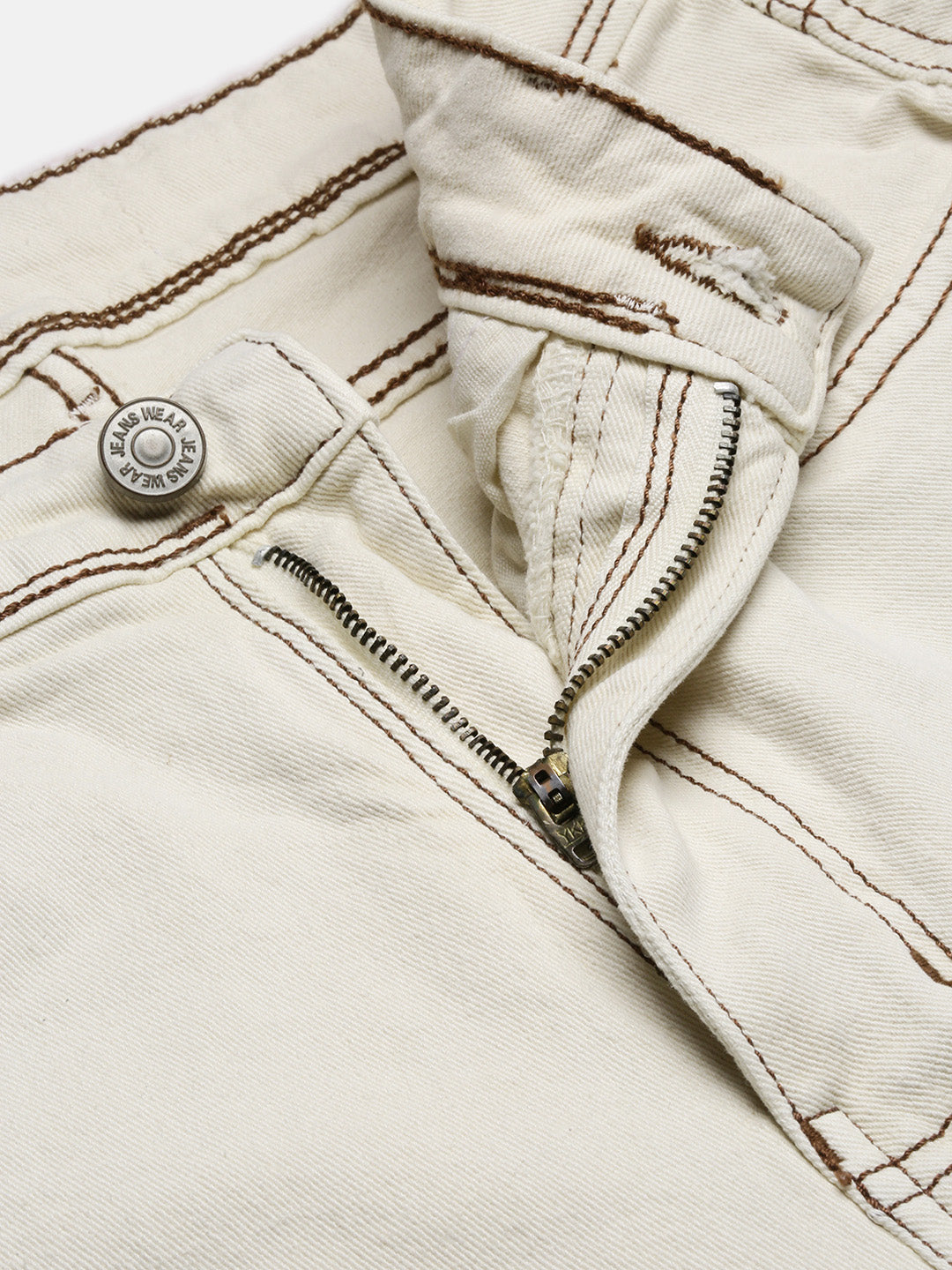 Cream Comfort Straight Fit High-Rise Stretchable Cargo Style Jeans