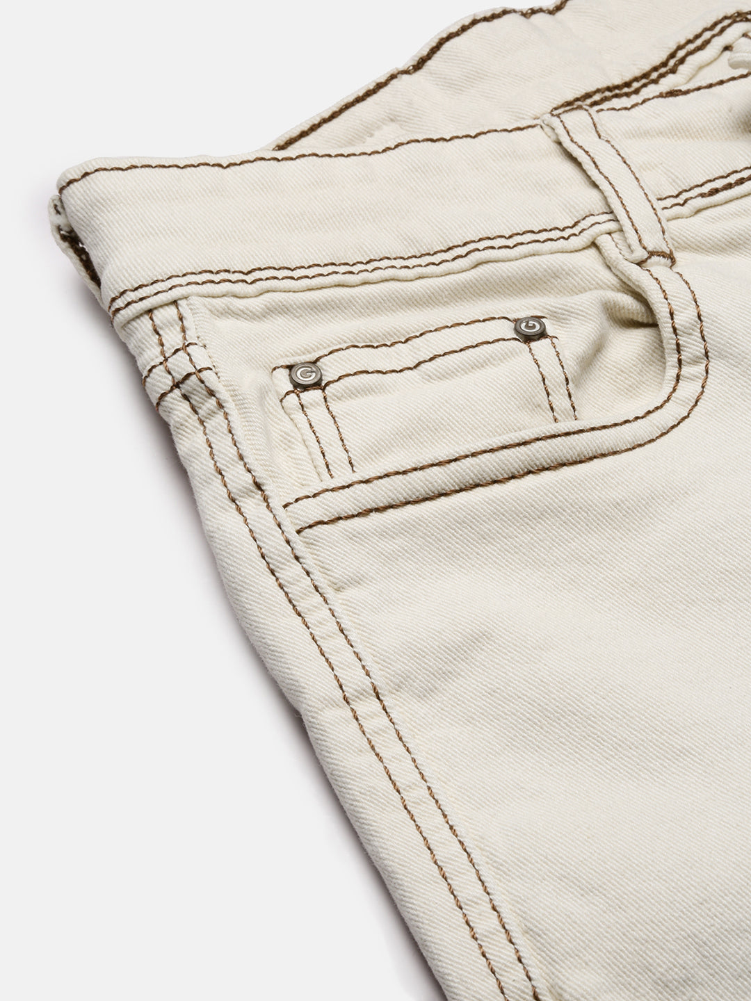 Cream Comfort Straight Fit High-Rise Stretchable Cargo Style Jeans