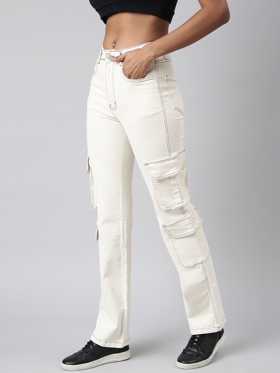 Cream Straight Fit Cargo Jeans