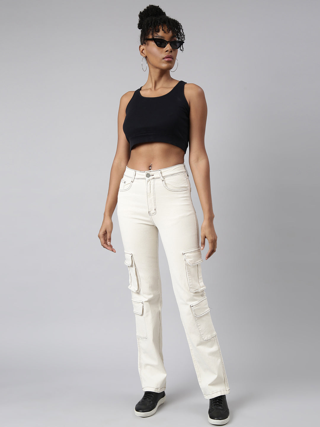 Cream Straight Fit Cargo Jeans