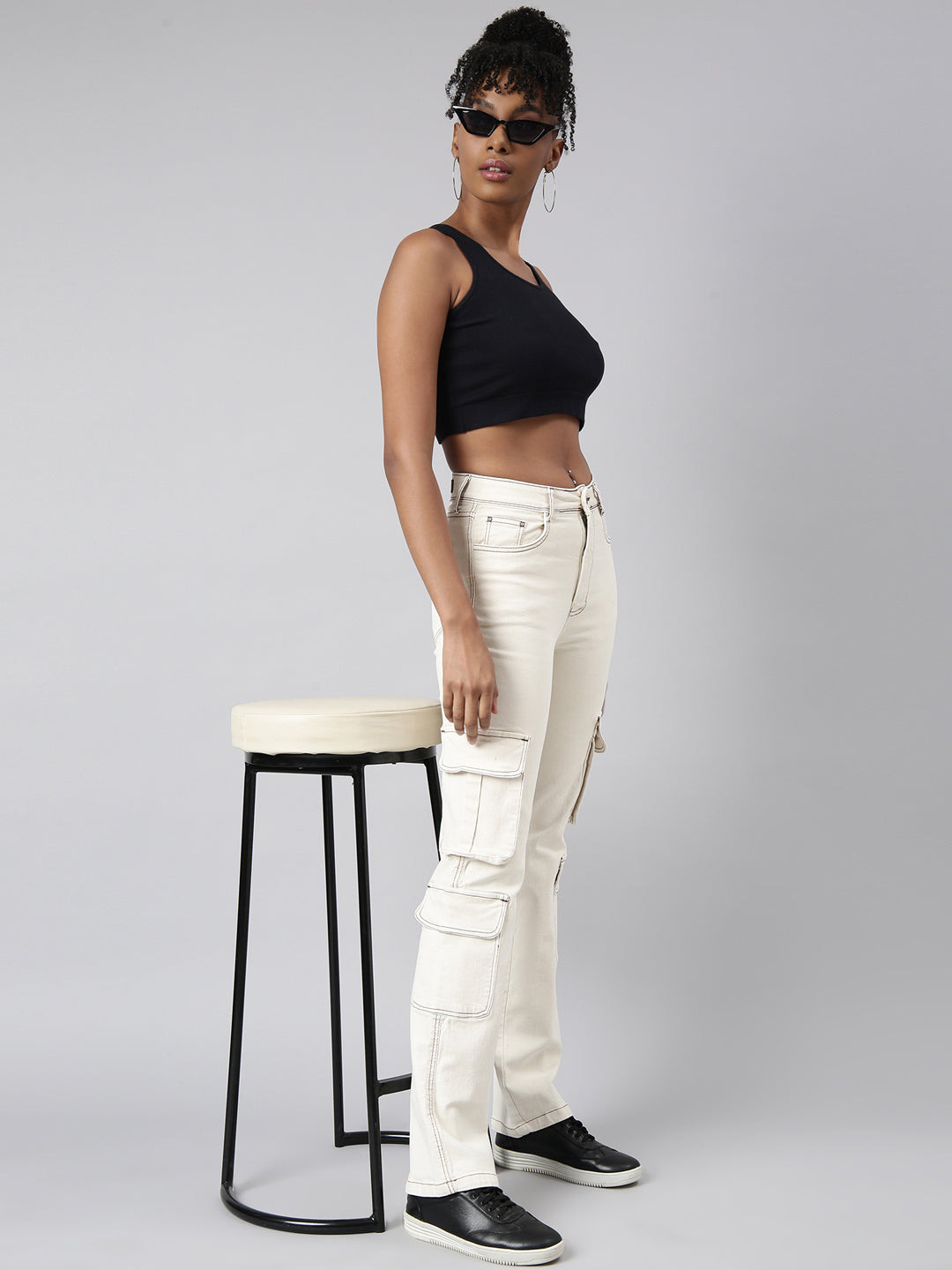 Cream Straight Fit Cargo Jeans